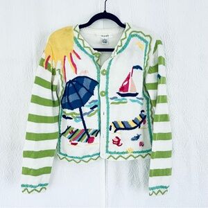 Thyme Vintage Coastal beach themed embroidered cardigan sweater ramie blend M